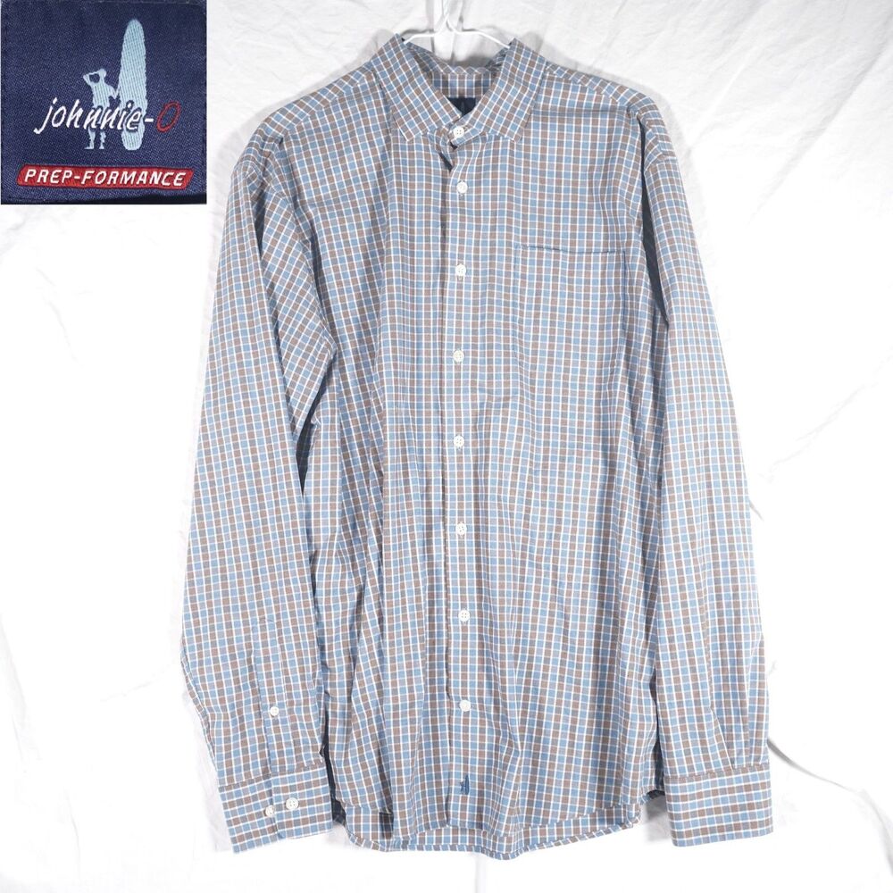 Johnnie-O Prep-Formance Button Up Shirt Plaid Athletic Brown Blue Mens Large